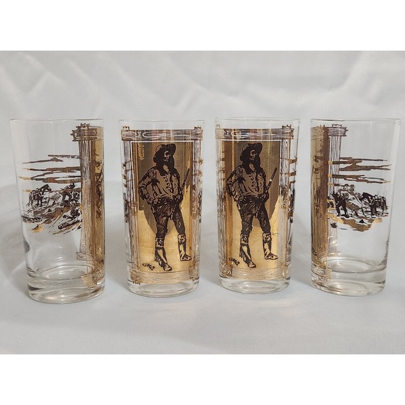 Charles Russell Other - Rare MCM Charles Russell Cowboy Western 24K Gold  Highball Glass EUC Set Of 4
